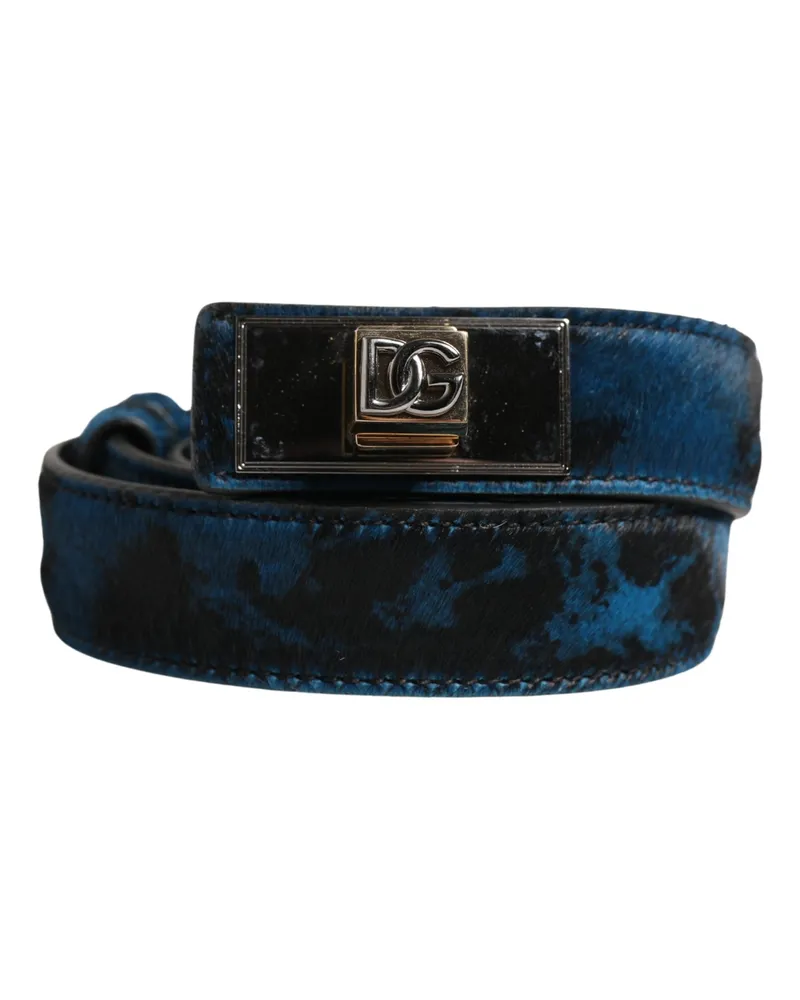 Dolce & Gabbana Men Blue Calf Leather Logo Metal Buckle Belt Blue