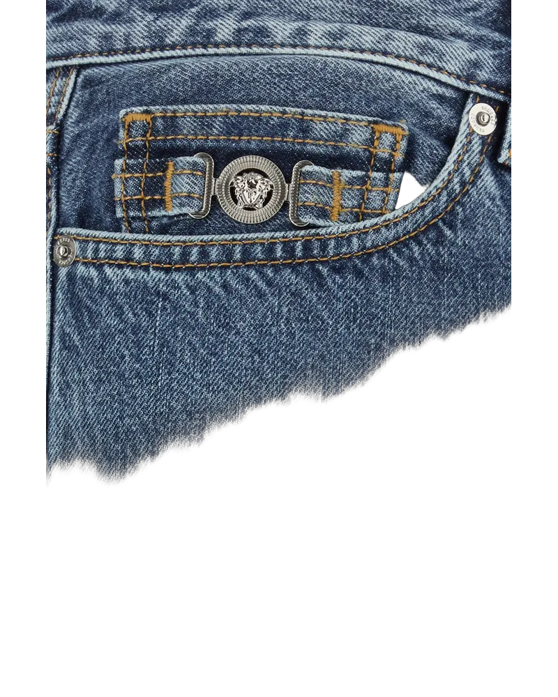 Versace Printed-Cuff Denim Jeans — Blue Blue
