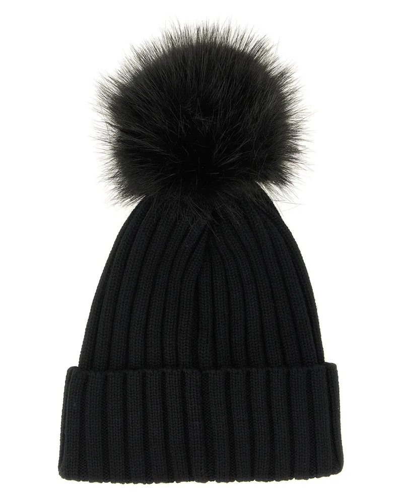 Moncler Ribbed Wool with Fur Pompom Beanie — Black Black