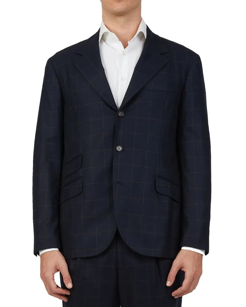 Brunello Cucinelli Wool-Cashmere Plaid Pant Suit — Navy Navy