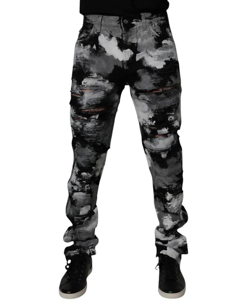 Dolce & Gabbana Men's Multicolor Camouflage Tattered Skinny Denim Jeans Cotton Clothing Black