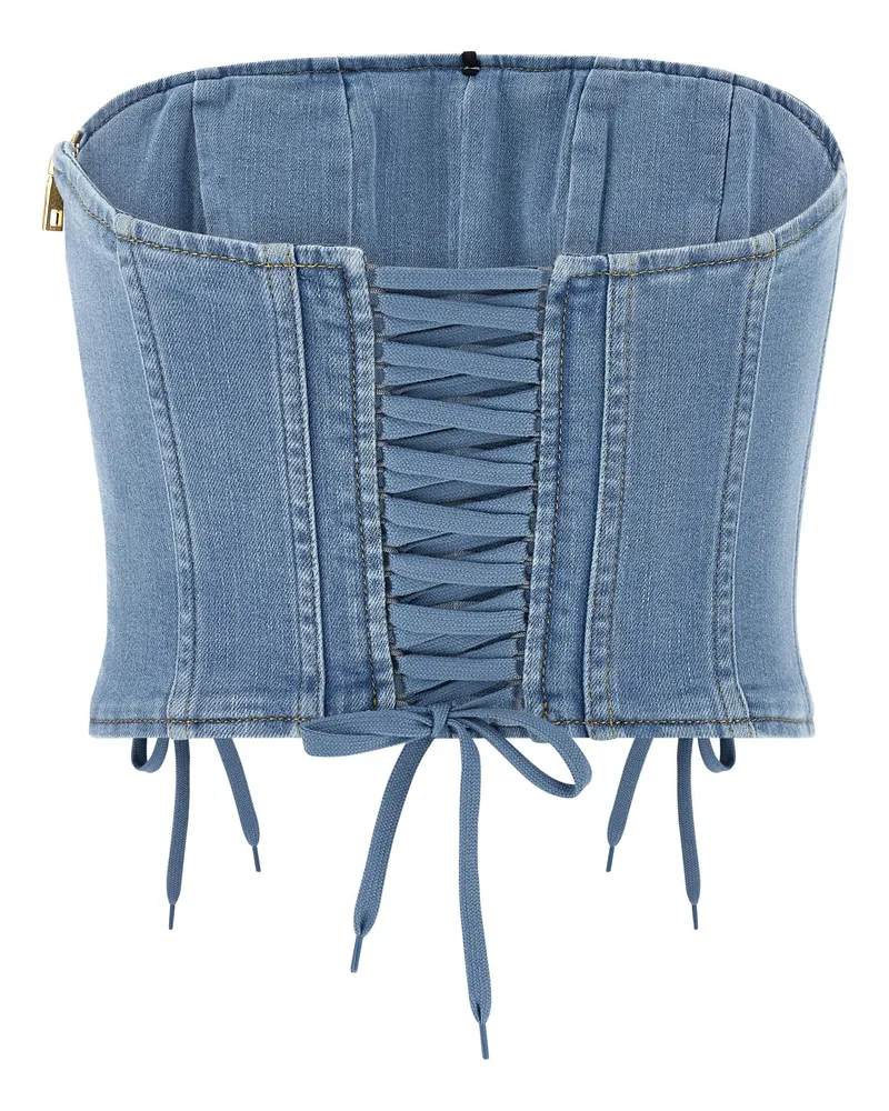 Elisabetta Franchi Denim Off-the-Shoulder Bustier Top — Blue Blue