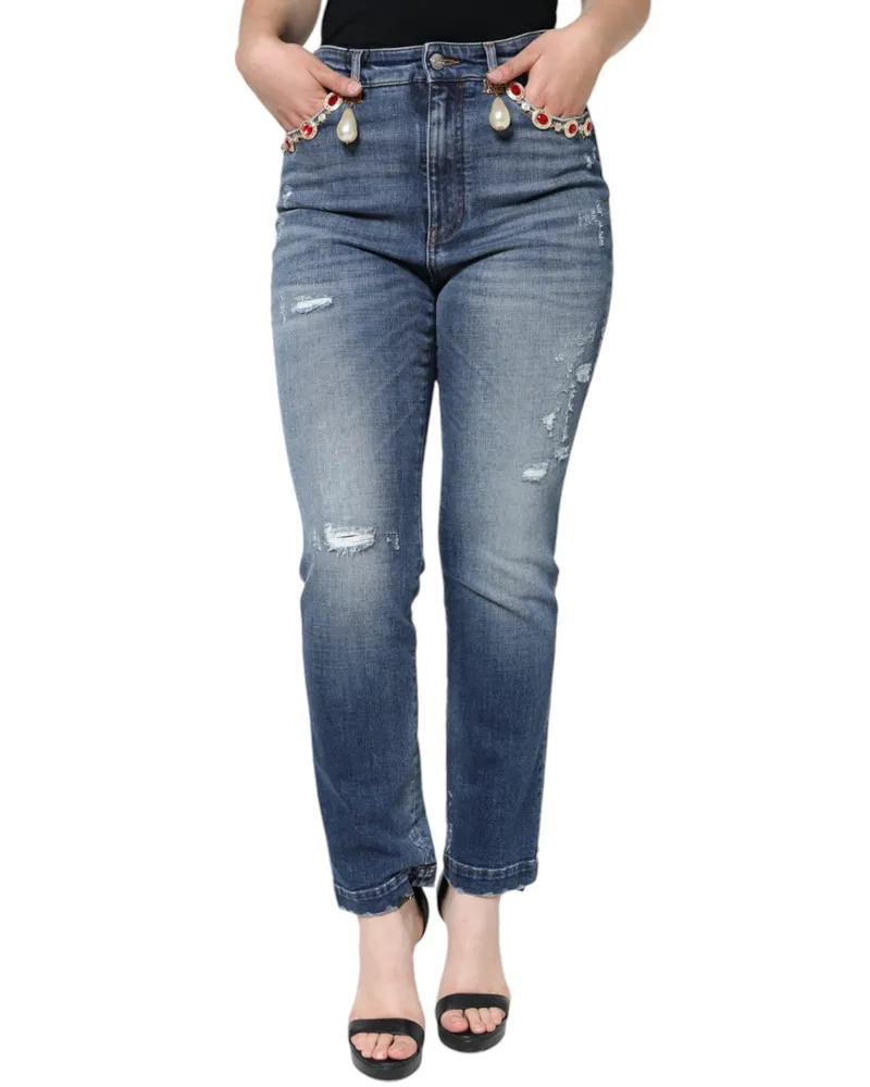 Dolce & Gabbana Women's Dark Blue Cotton Tattered Skinny Denim Jeans Elastane Clothing Blue
