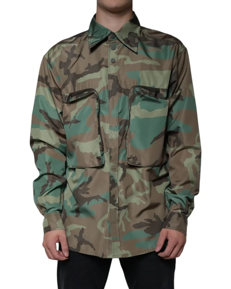 Dolce & Gabbana Men's Multicolor Camouflage Button Down Shirt Polyester Nylon Green