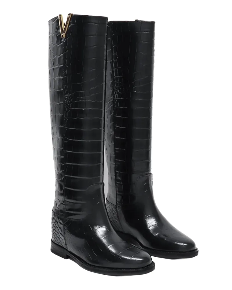Via Roma 15 Crocodile-Embossed Leather Pull-On Boots — Black Black