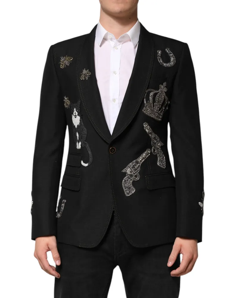 Dolce & Gabbana Men's Black Bee Crown Embellished Suit Coat Blazer Black