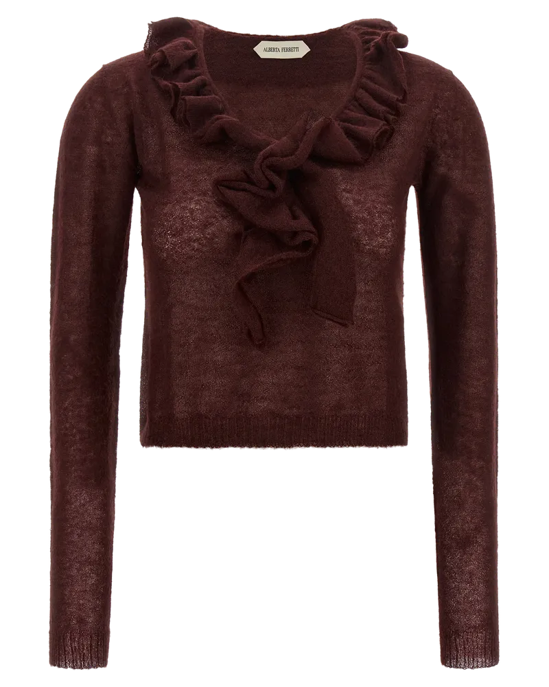 Alberta Ferretti Ruffled V-Neck Mohair Blend Sweater — Burgundy Burgundy