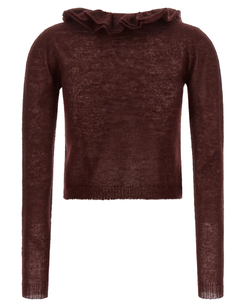 Alberta Ferretti Ruffled V-Neck Mohair Blend Sweater — Burgundy Burgundy
