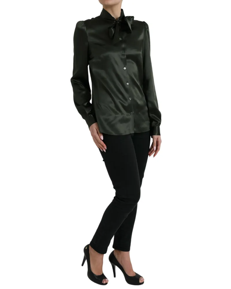 Dolce & Gabbana Women's Gray Long Sleeves Ascot Collar Blouse Top Dark Silk Gray