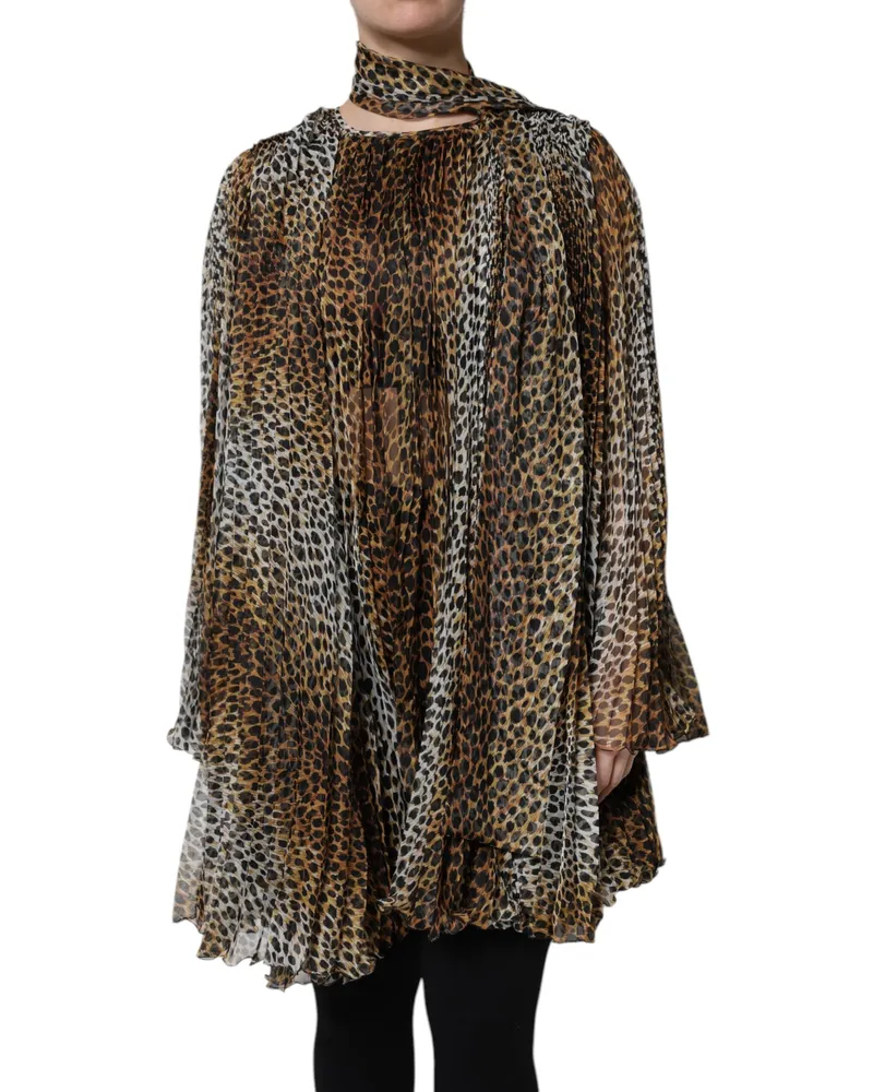 Dolce & Gabbana Women Brown Leopard Print Scarf Collared Chiffon Dress Polyester Brown
