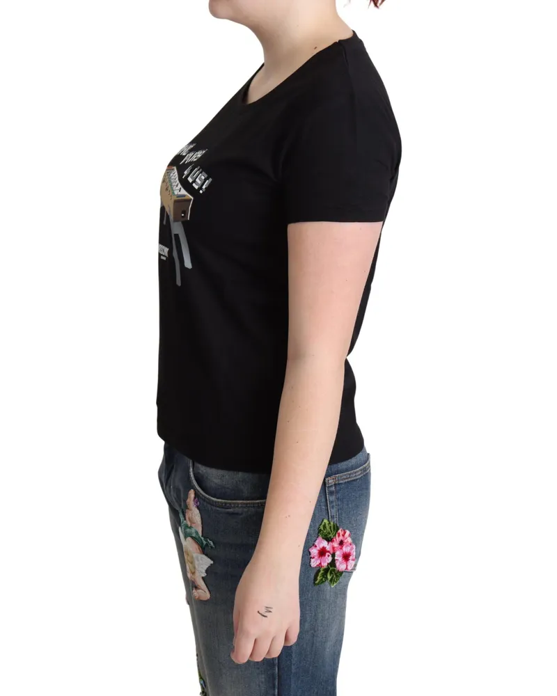 Moschino Women's Black Cotton Come Play 4 Us Print Tops T-Shirt Black