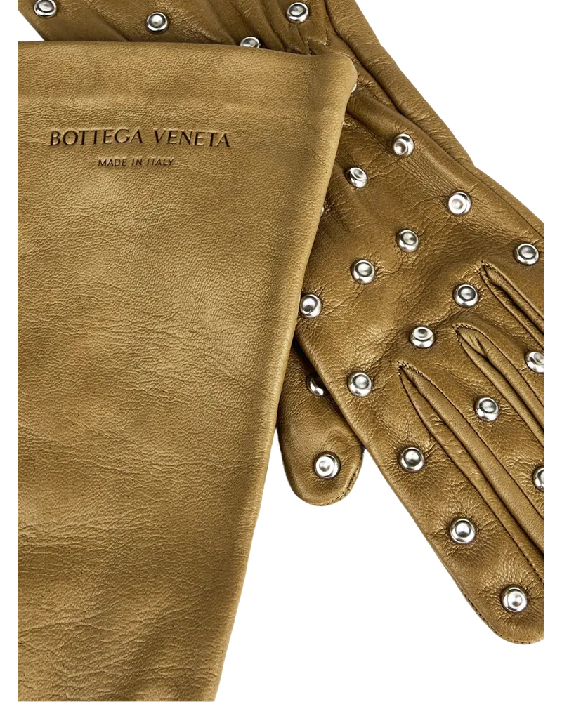 Bottega Veneta Women's Embossed Logo Studs Leather Green Accessories > Gloves Gold