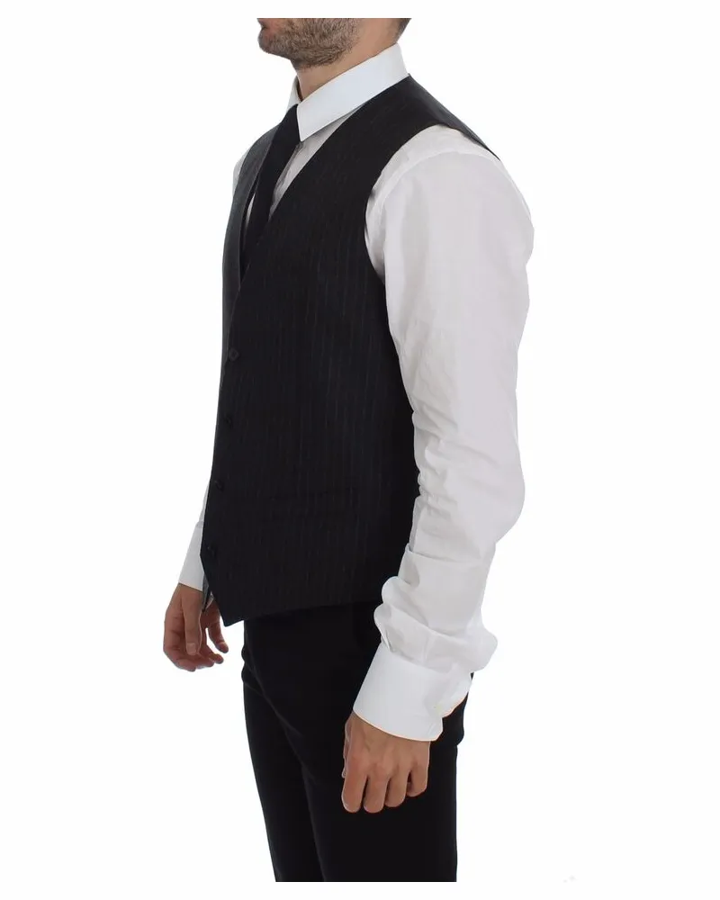 Dolce & Gabbana Men's Gray Striped Wool Logo Vest Gilet Vests Clothing Gray