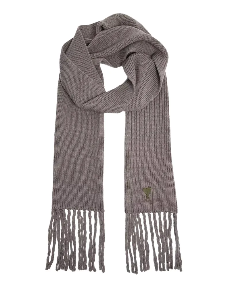 AMI Paris Logo-Embroidered Virgin Wool Scarf — Gray Gray