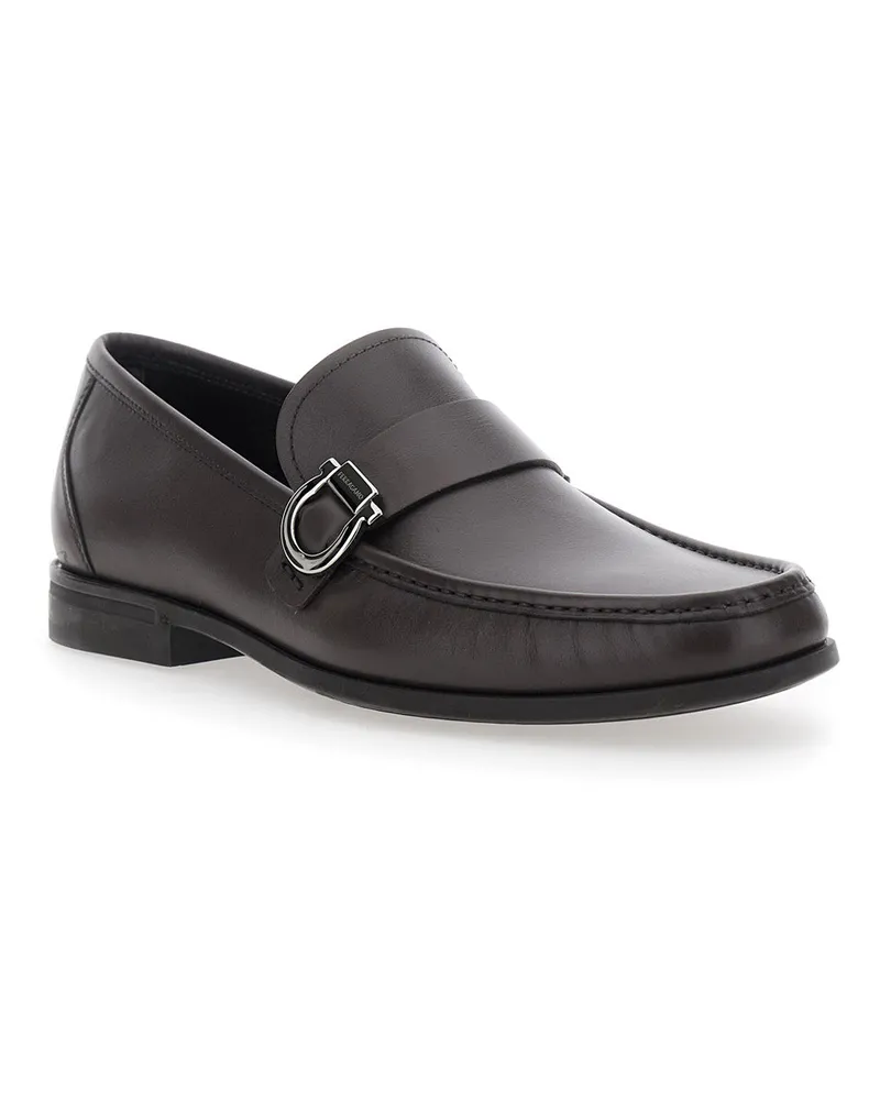 Ferragamo Men's Leather Loafers With Gancini Detail Brown Calf Brown