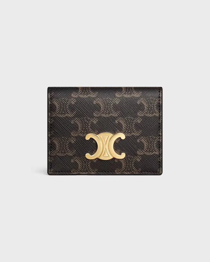 Celine Women's Porte-Cartes Triomphe Canvas Bi-Fold Tan Brown Petite Maroquinerie Brown