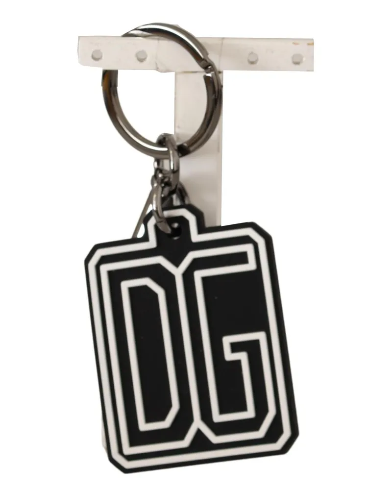 Dolce & Gabbana Men's Black White Dg Rubber Logo Silver Ring Keychain Brass Black