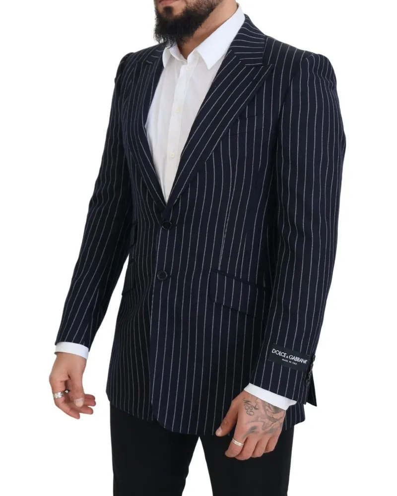 Dolce & Gabbana Men's Dark Blue Stripe Wool Single Breasted Blazer Navy Virgin Polyester Clothing Navy