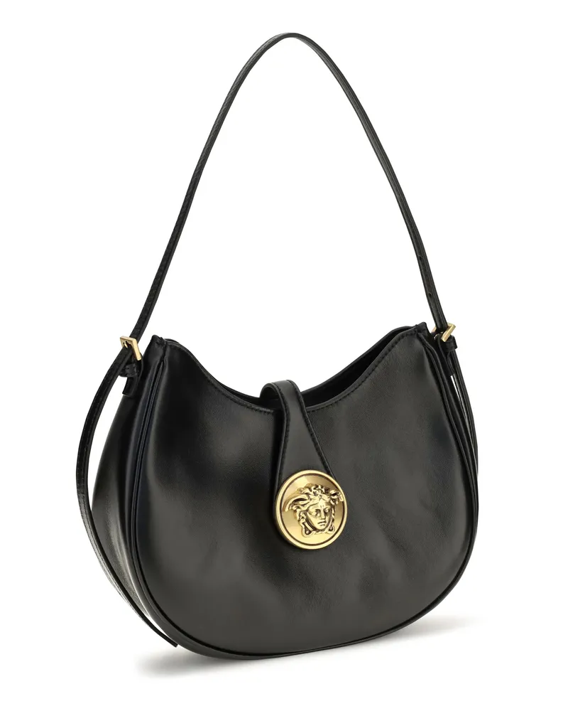 Versace Women's Small Emblème Hobo Lambskin Shoulder Bag Black-Gold Calf Leather Bos Taurus Black/gold Black