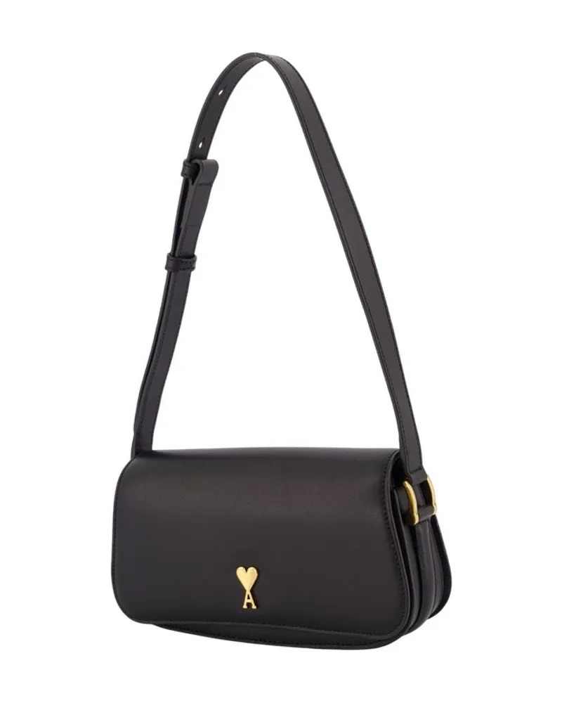 AMI Paris Women's Paris Shoulder Bag - Ami Leather Black Calfskin Shoulder-Hobo-Bags Black