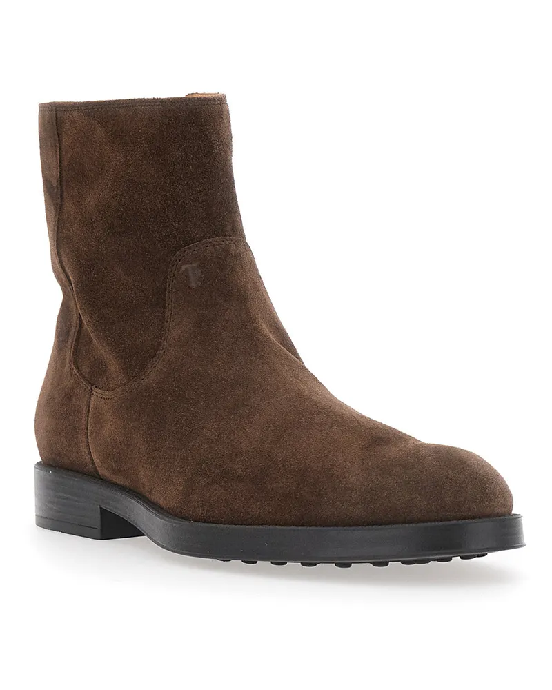 TOD'S Men's Ankle Boot Camel Side Zip Rubber Sole Brown Sheep Leather Brown