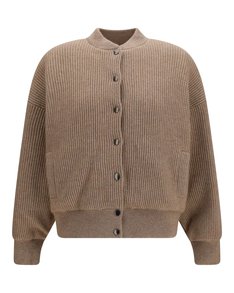 Brunello Cucinelli Women's Bomber Jacket Ribbed Cashmere Brown Knitwear Sweater Brown