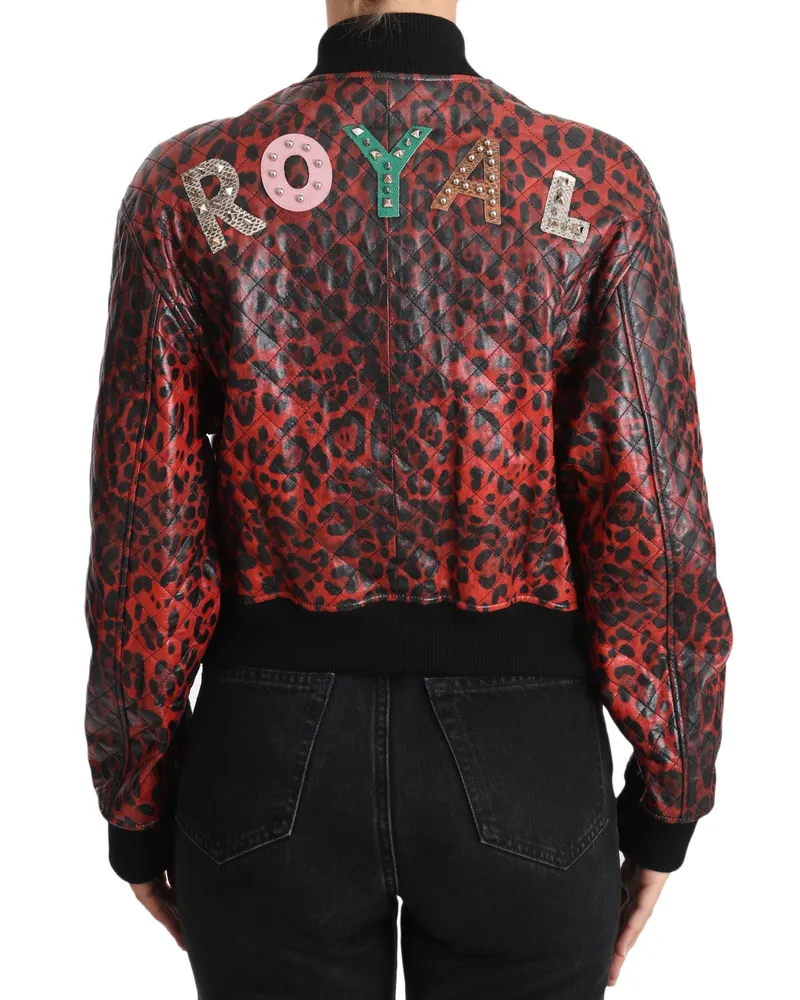 Dolce & Gabbana Women's Red Leopard Button Crystal Leather Jacket Lamb Wool Elastane Clothing Red