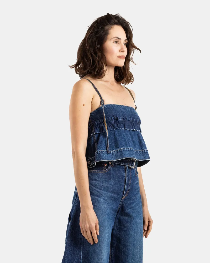 Sacai Women's Indigo Blue Distressed Ruffled Denim Bustier Top Sweater Blue