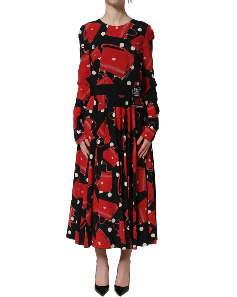 Dolce & Gabbana Women Black Handbag Print Long Sleeve Midi Dress Silk Elastane Black