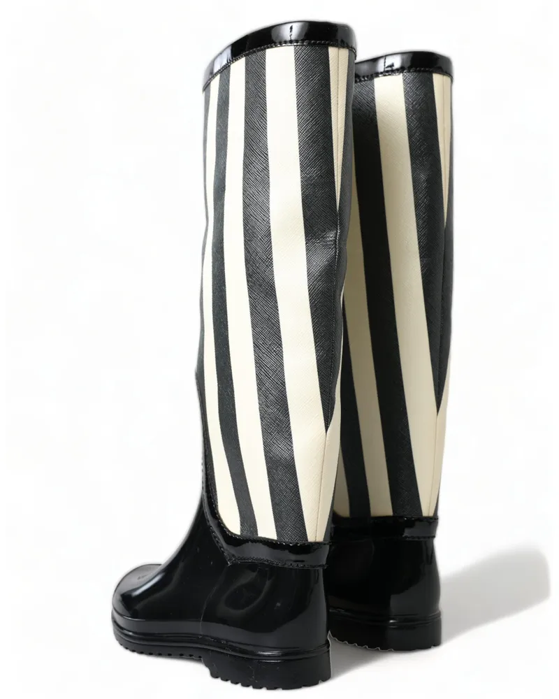 Dolce & Gabbana Women's Black Rubber Knee High Flat Boots Shoes And White Black