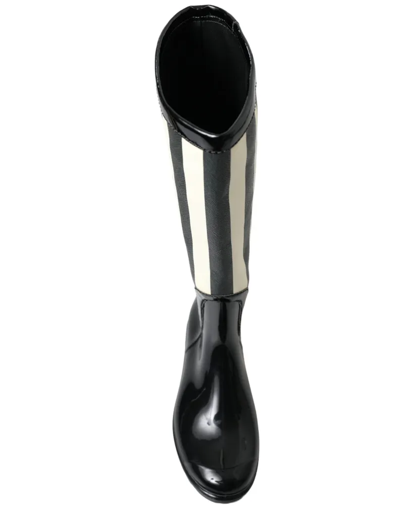 Dolce & Gabbana Women's Black Rubber Knee High Flat Boots Shoes And White Black
