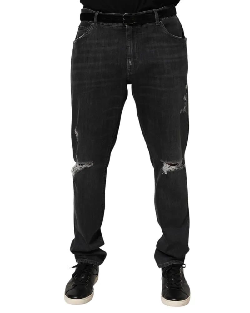 Dolce & Gabbana Men's Black Cotton Slim Fit Distressed Ripped Logo Jeans Blue Clothing Black