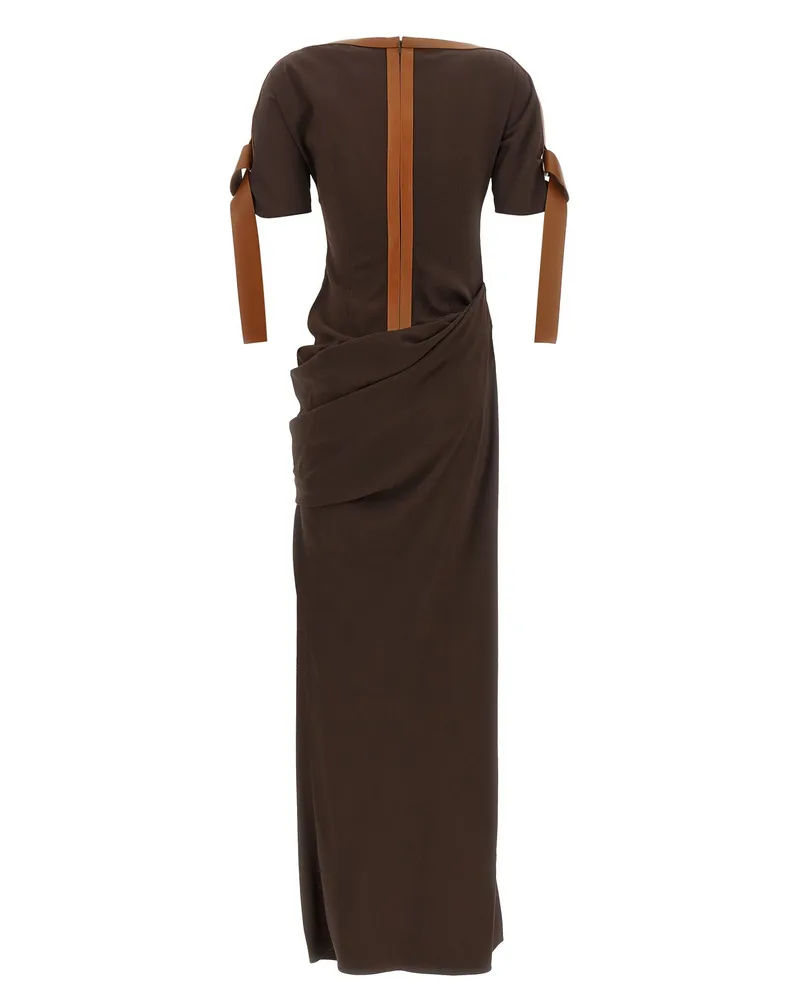 Ferragamo Leather-Trimmed Bias-Cut Dress — Brown Brown
