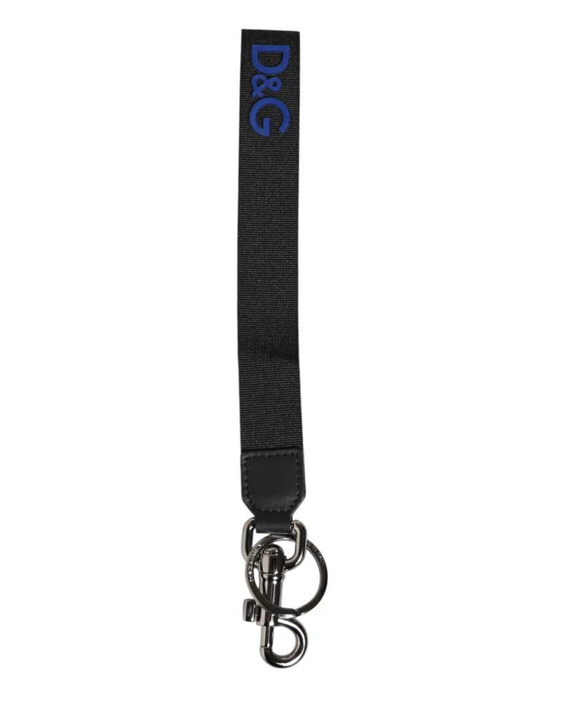 Dolce & Gabbana Men's Black Blue Dg Logo Polyester Brass Holder Keychain Keyring Leather Accessory Black