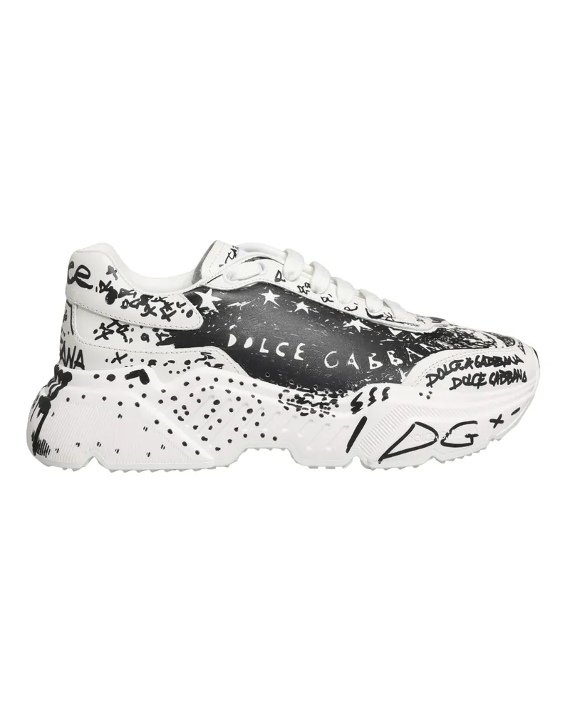 Dolce & Gabbana Women's White Daymaster Graffiti Low Top Sneakers Shoes Calf Leather White