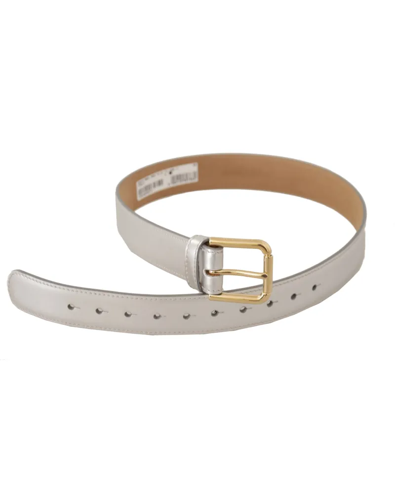 Dolce & Gabbana Women's Silver Leather Gold Tone Logo Metal Buckle Belt Silver