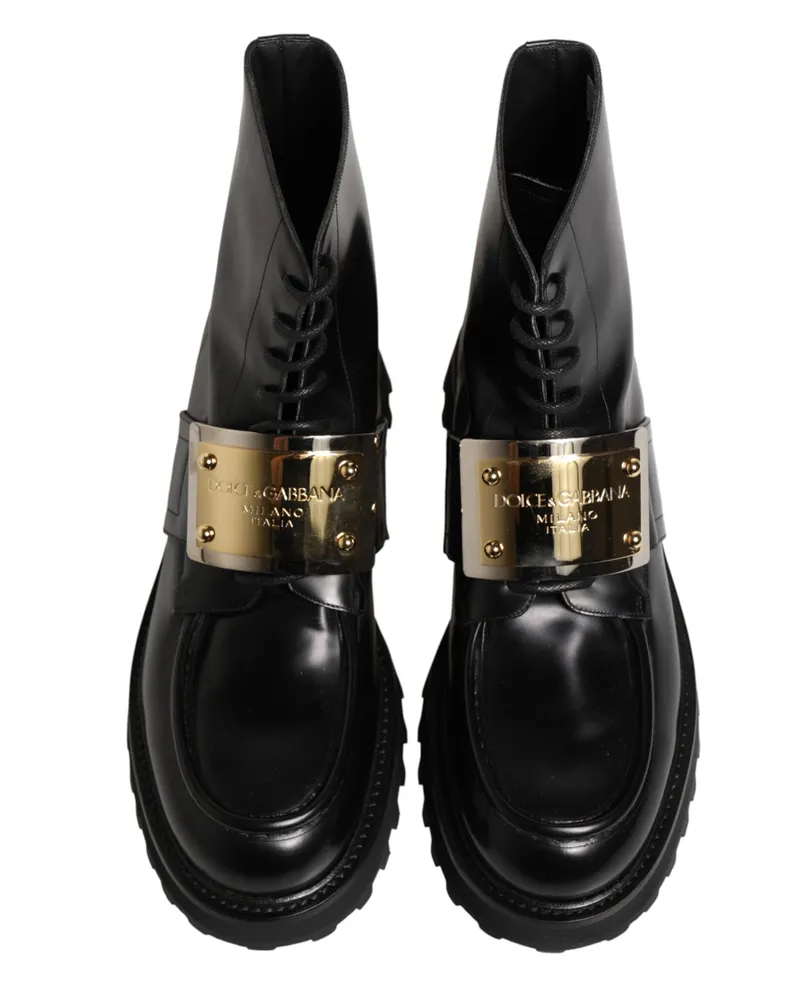Dolce & Gabbana Men's Black Leather Dg Plaque Lace Up Boots Shoes Black