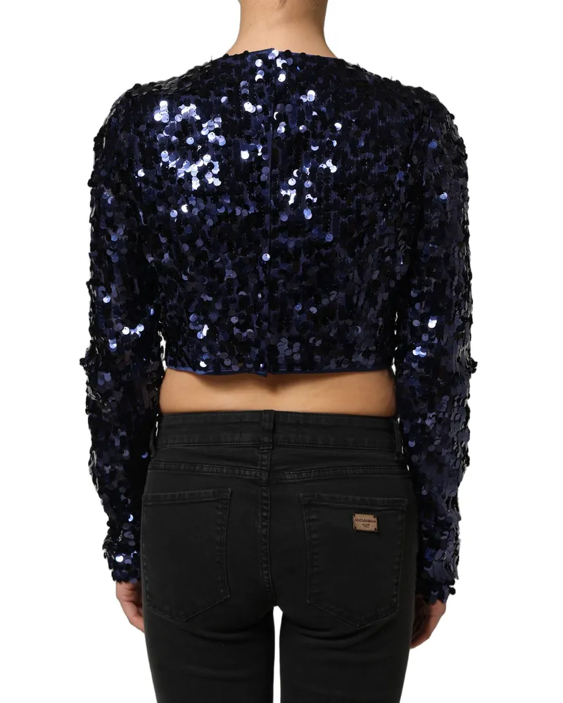 Dolce & Gabbana Women's Blue Sequined Long Sleeves Crop Blouse Top Nylon Blue
