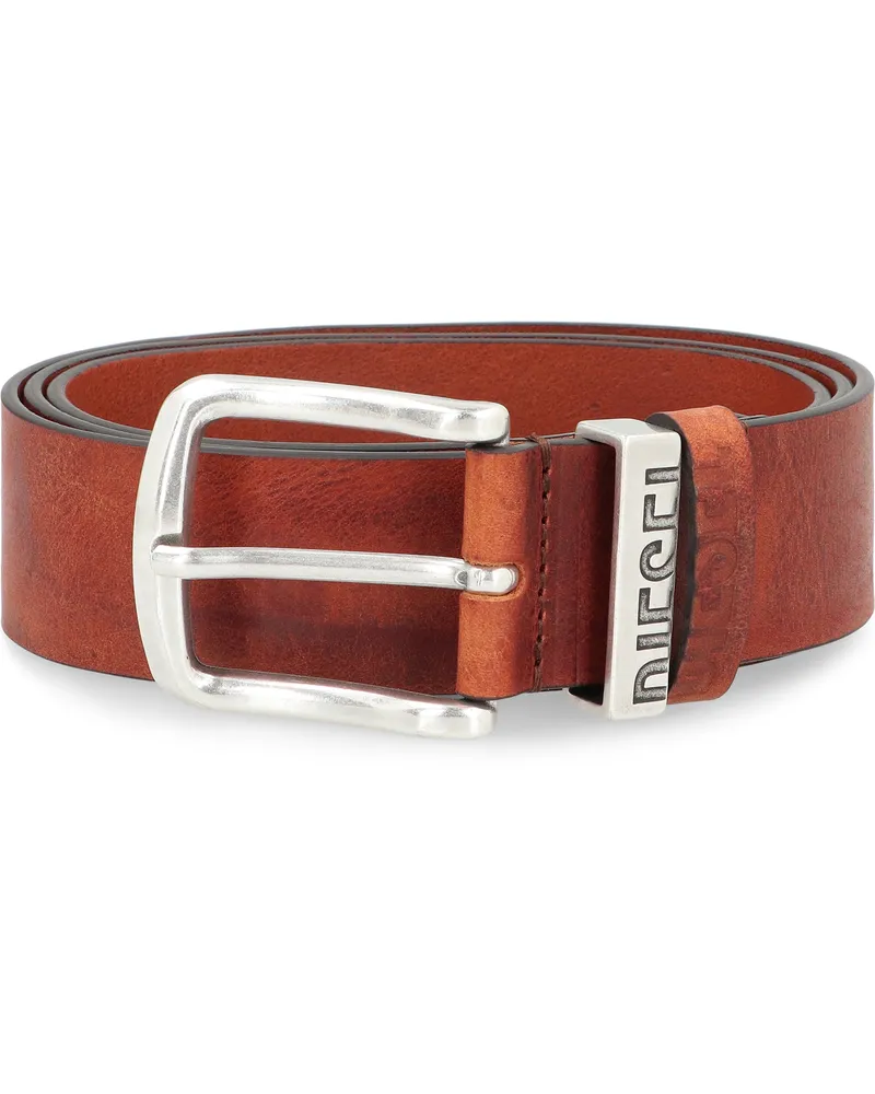 Diesel Men's Leather Belt With Silver-Tone Buckle Brown Cow Hide Brown