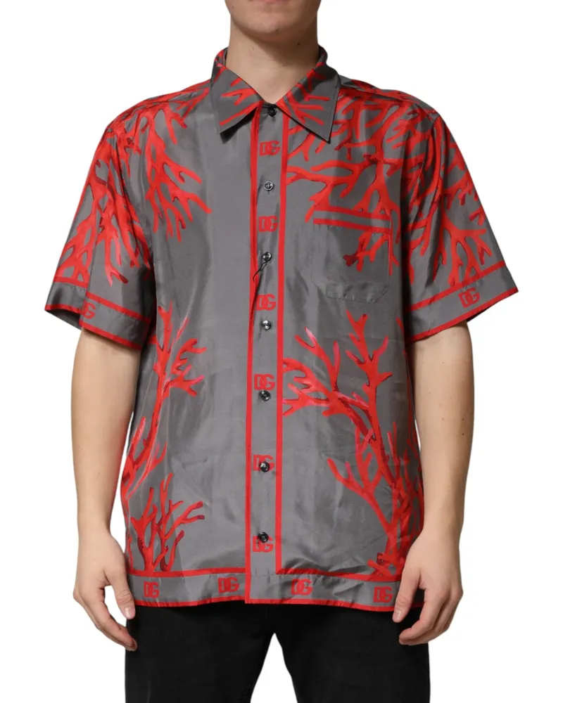 Dolce & Gabbana Men's Gray Red Corals Short Sleeves Casual Shirt Silk Gray