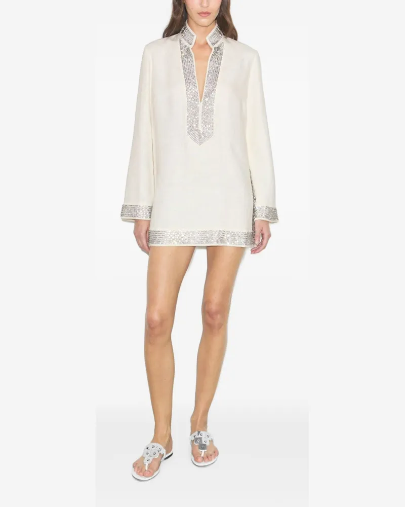 Tory Burch Crystal-Embellished Linen Tunic — Ivory Ivory