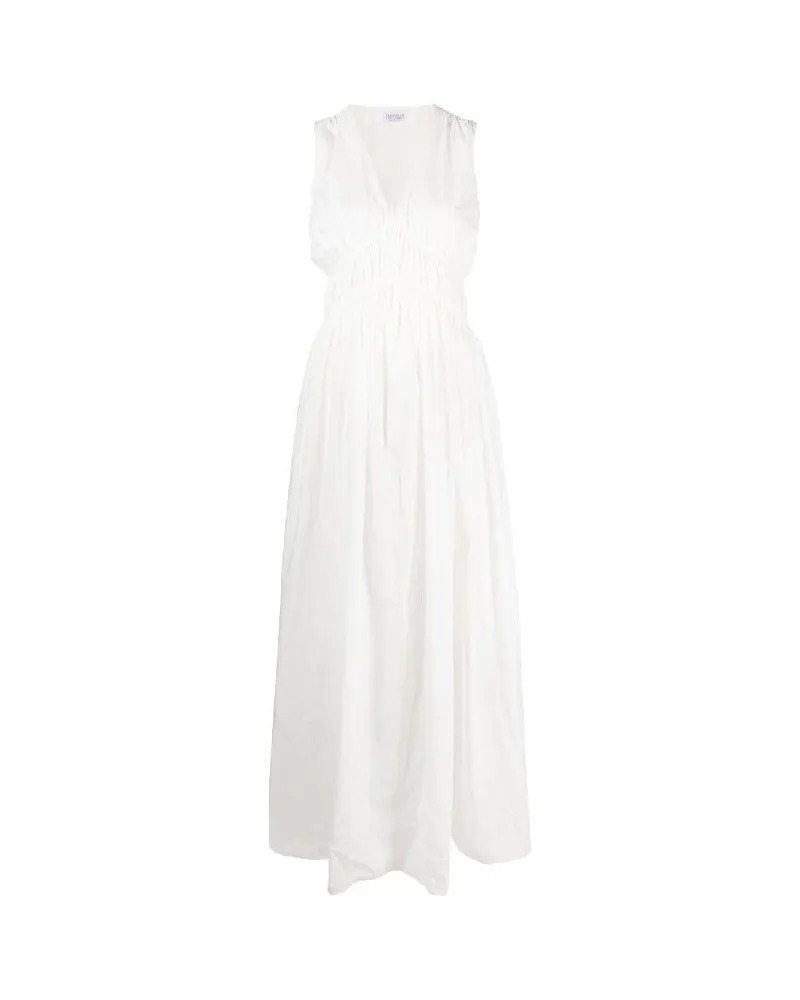 Brunello Cucinelli V-Neck Gathered Waist Dress — White White