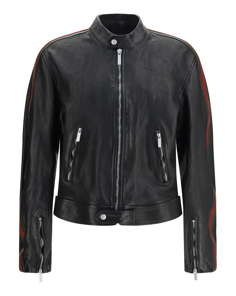 Gucci Men's Bomber Jacket Buffalo Leather Black-Green-Red Black/green/red Black