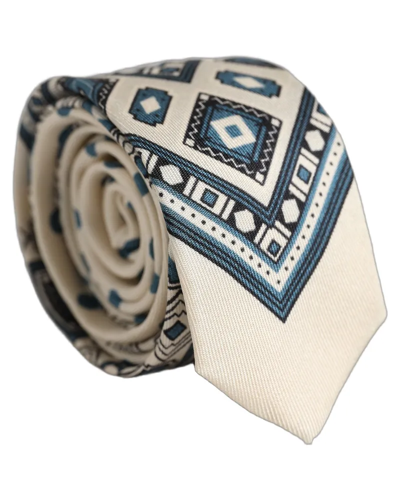 Dolce & Gabbana Men Off White Blue Geometric Adjustable Tied Necktie Tie Silk Beige