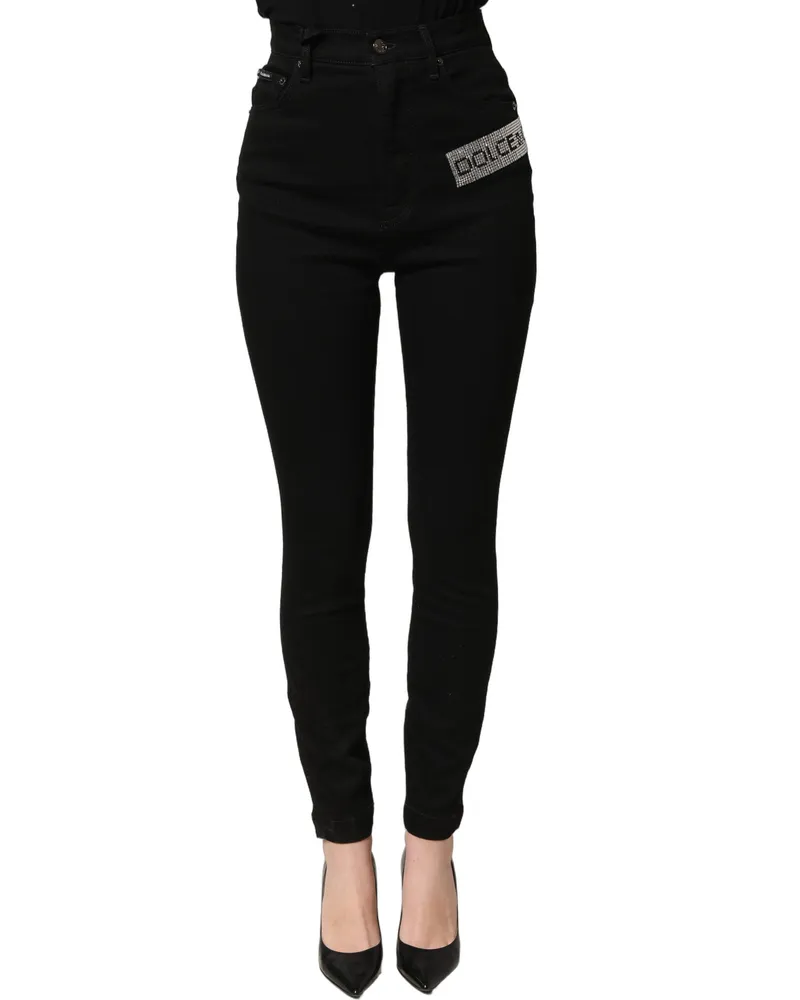 Dolce & Gabbana Women's Black Grace Rhinestone Highwaist Denim Jeans Cotton Elastane Clothing Black