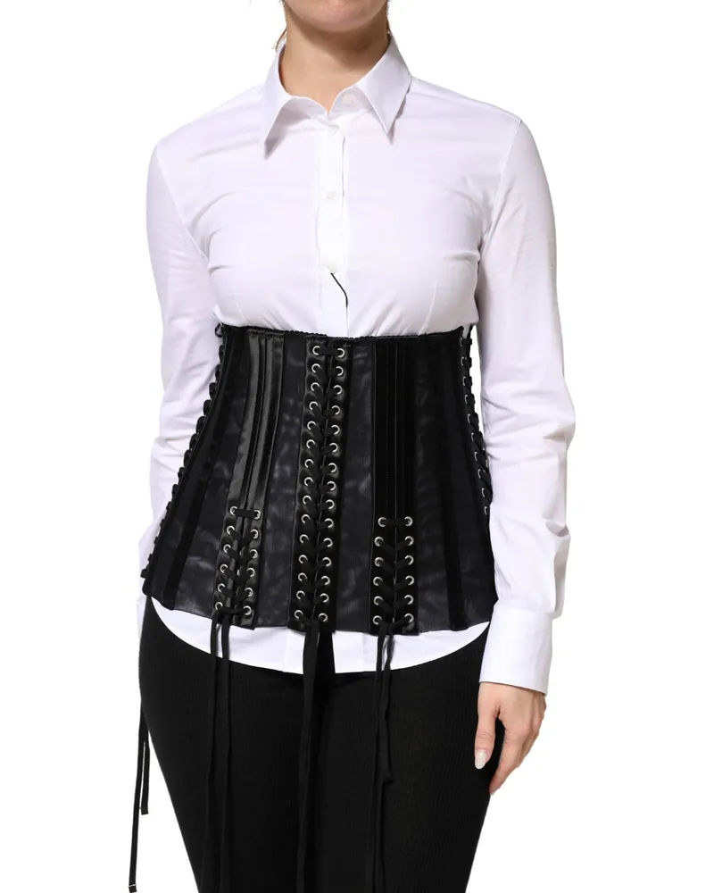 Dolce & Gabbana Women Black Lace-Up Waist Cincher Bustier Corset Top Acetate Black