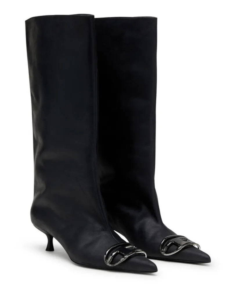 Diesel Women's Knee-High Oiled Leather Boots Black Pmu Black