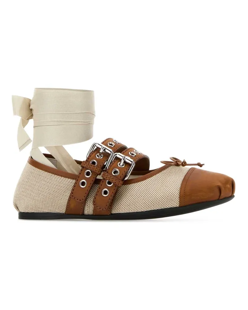 Miu Miu Women's Two-Tone Canvas Ballerinas Naturaletabacco Ballerine Flat Shoes Beige