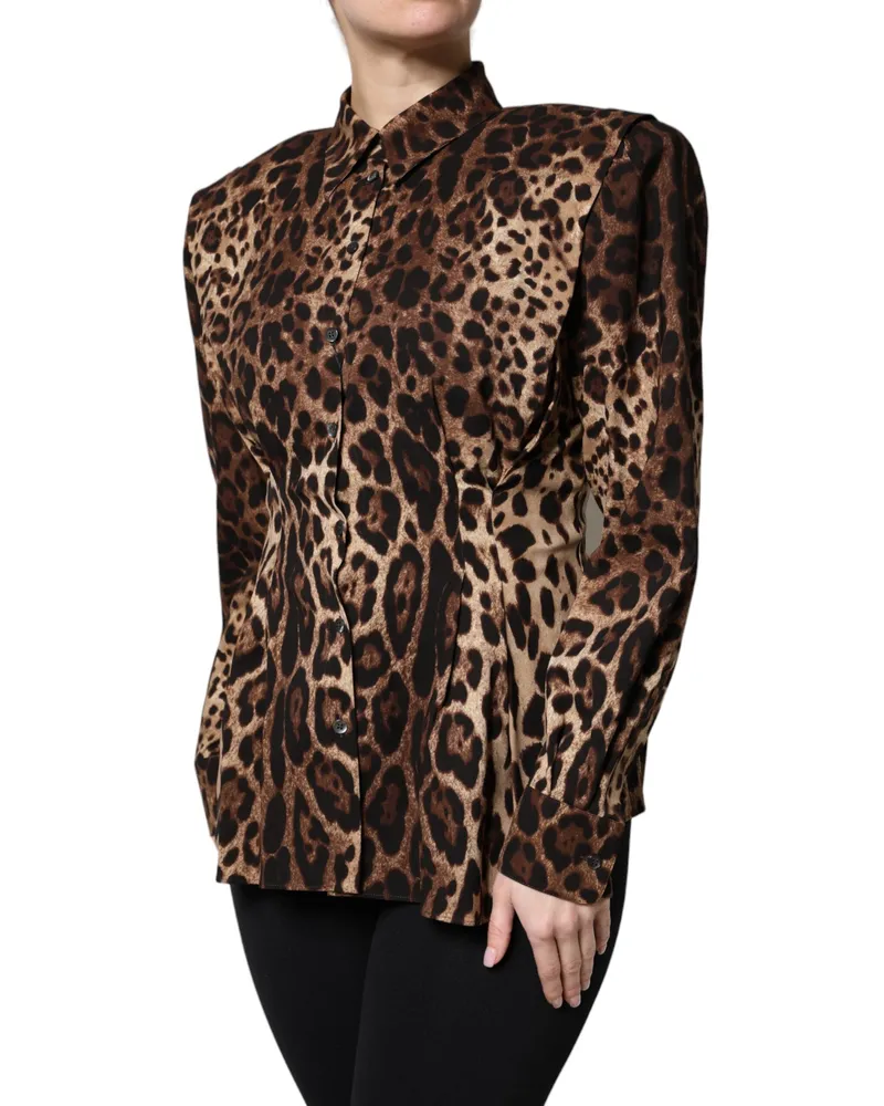Dolce & Gabbana Women's Brown Leopard Silk Button Down Coat Jacket Elastane Polyester Clothing Brown