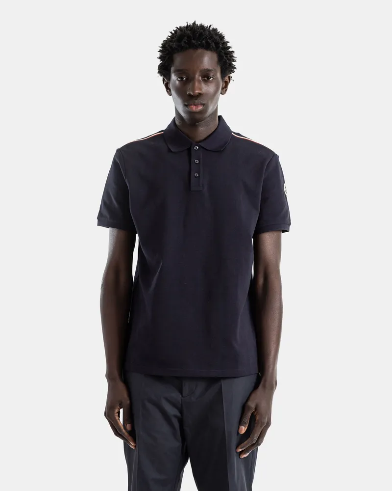 Moncler Men's Piqué Cotton Navy Tricolor Stripe Shoulders Polo Black T-Shirts And Polos Navy
